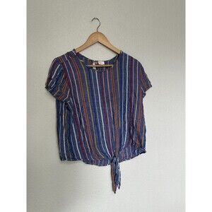 K.I.T  Colorful Coastal Beachy Southwestern Rainbow Boho Stripe Front Tie Top XL